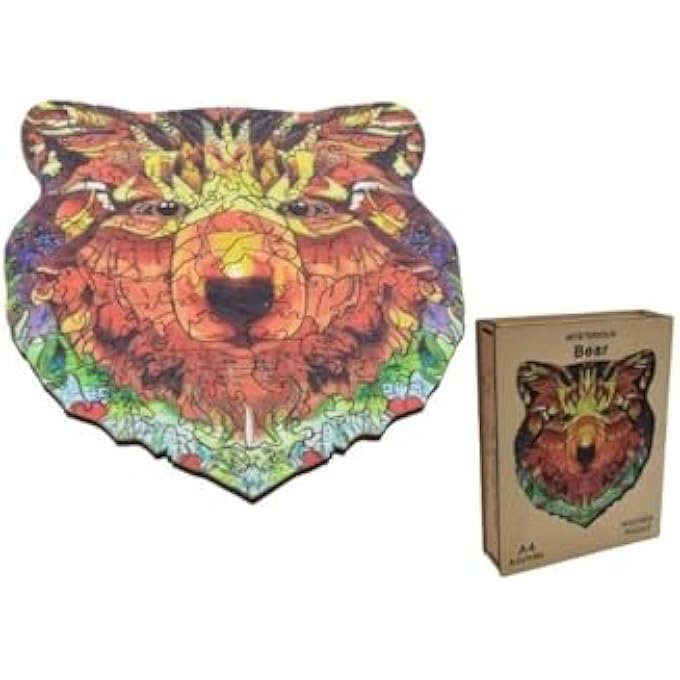 WOODEN JIGSAW PUZZLES, 3D WOODEN ANIMALS SHAPED PUZZLES, BEST GIFT FOR ADULTS AND KIDS DIY PUZZLE PIECE, COLORFUL UNIQUE BEAR FISH PUZZLES A4-8.2 X 11.6IN (A4- BEAR) - Image 1